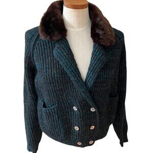 Vintage Liz Claiborne ribbed knit dressy sweater with faux fur collar